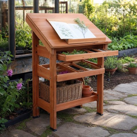 Cedar Botanical-Sketching Desk With a Tilted Worktop