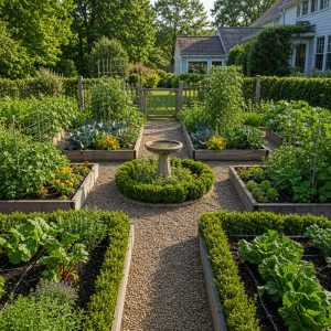 Formal Potager Garden With Symmetrical Beds and a Center Focal Point