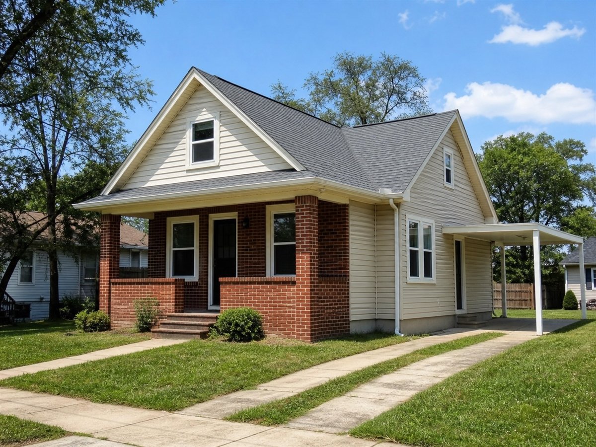 Briar Starter Bungalow 779, a conceptual 779-square-foot brick-accent starter bungalow with a $121,625 construction target
