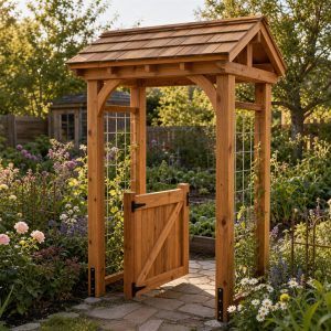 Covered Garden Gate Arbor With a Small Shingle Roof