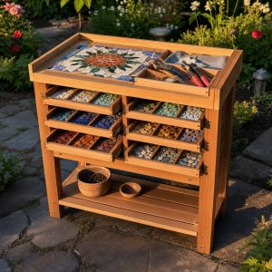 Garden Mosaic Worktable With Divided Tile Drawers