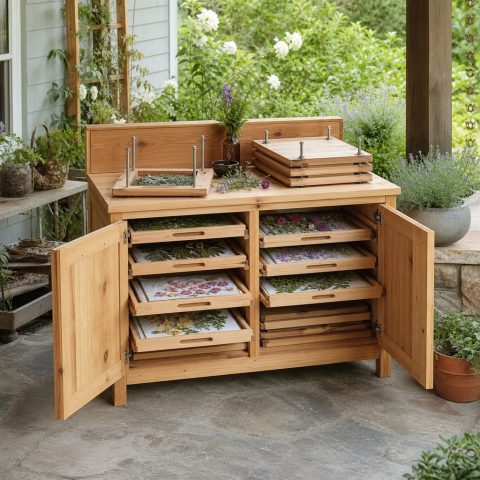 Cedar Flower-Press Cabinet With Screw-Down Frames