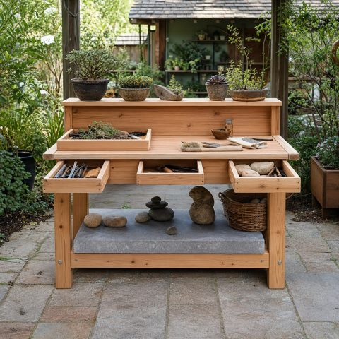 Garden Sculpture Workbench With a Reinforced Stone Shelf
