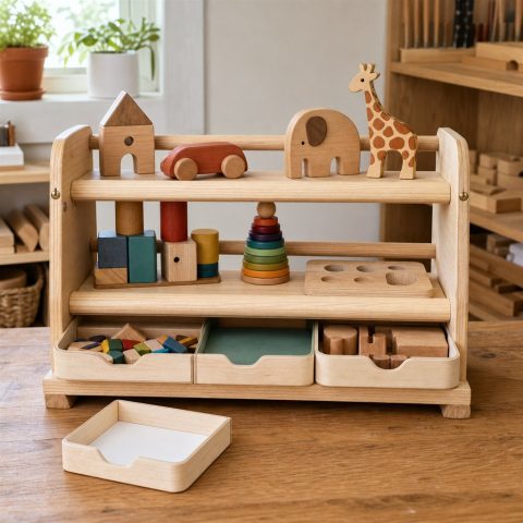 Modular Toy Display Shelf With Rounded Front Rails