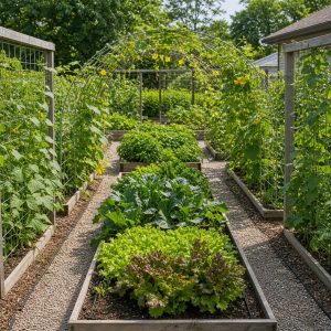 Vegetable Garden Aisle With Tall Trellised Crops