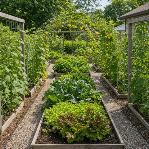 Vegetable Garden Aisle With Tall Trellised Crops