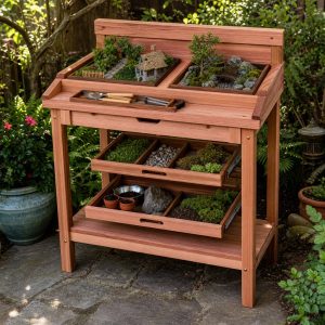 Miniature-Garden Display Table With Recessed Scene Trays