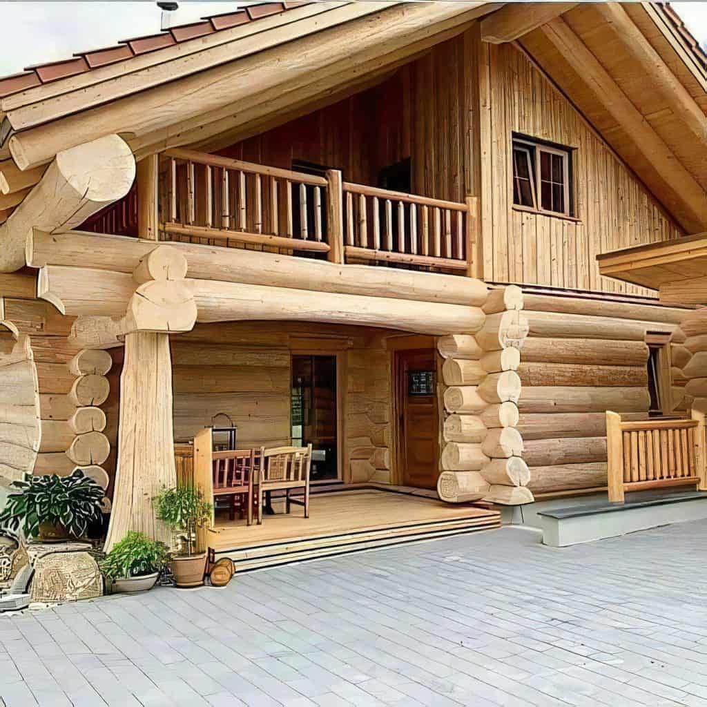 Two-story log cabin with porch and balcony