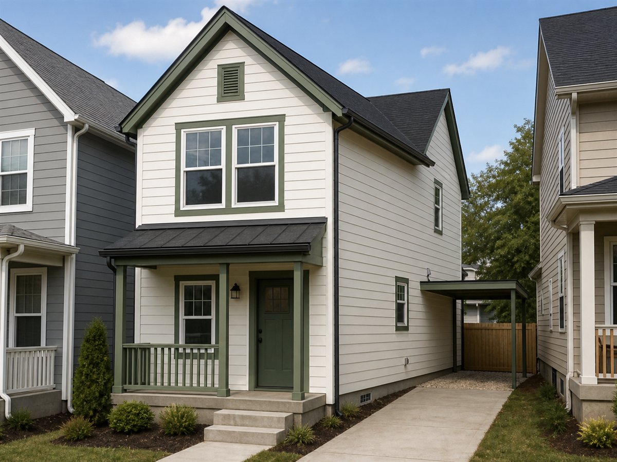 Laneway Cottage 813, a conceptual 813-square-foot narrow-lot small cottage with a $124,625 construction target