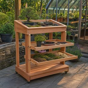 Cedar Plant-Show Stand With Knock-Down Tiered Shelves