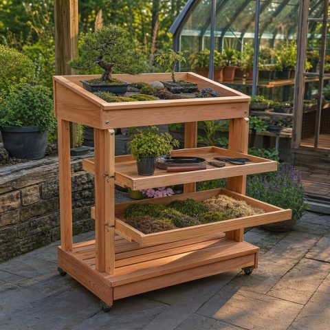 Cedar Plant-Show Stand With Knock-Down Tiered Shelves