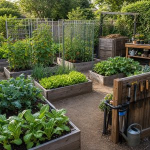 Compact Kitchen Garden With Beds, Trellises, and a Work Station
