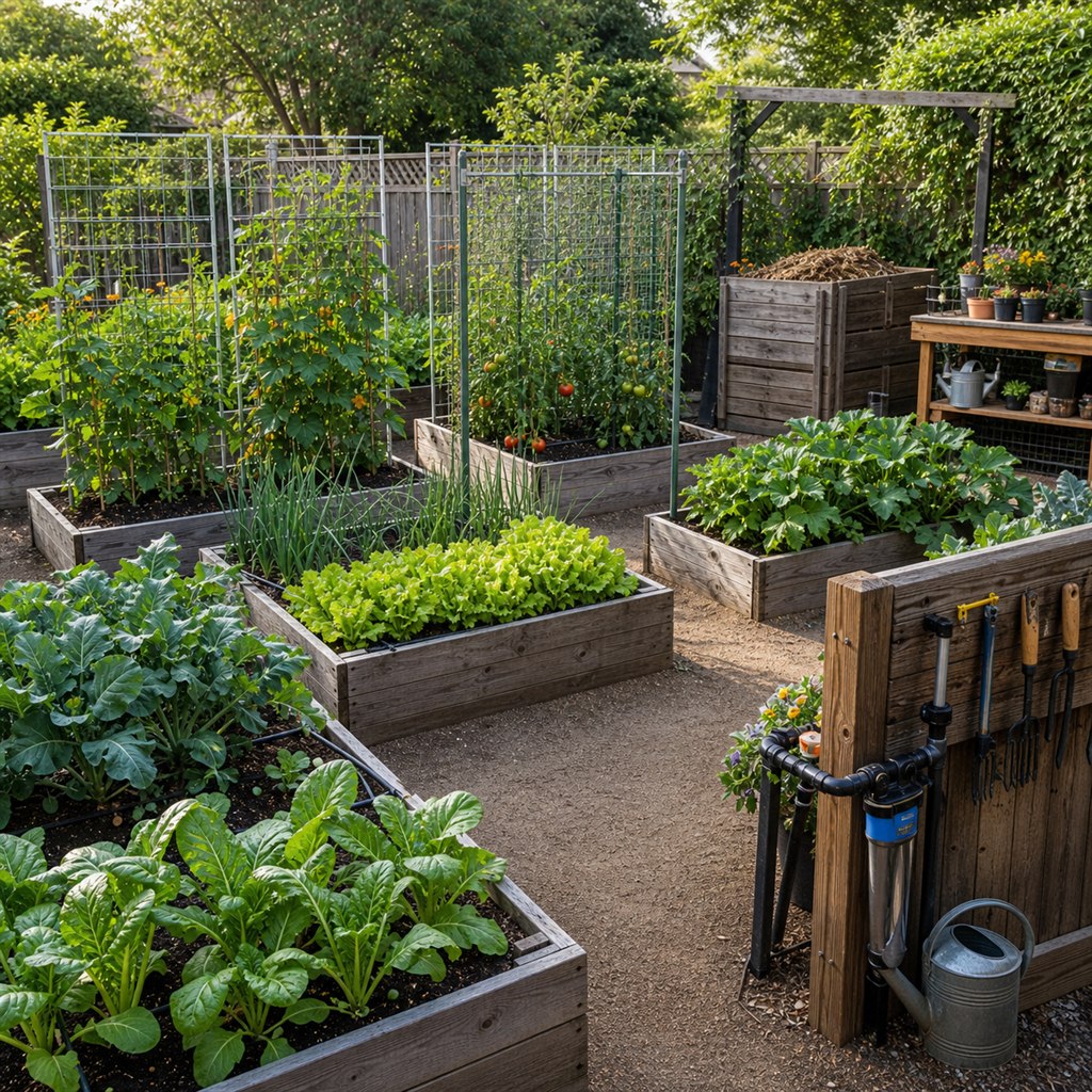 Compact Kitchen Garden With Beds, Trellises, and a Work Station