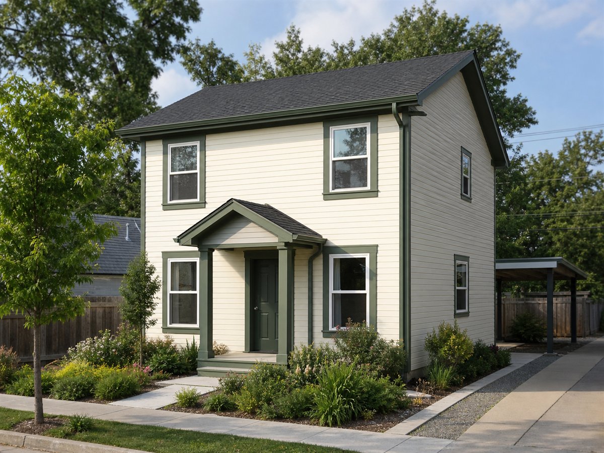 Garden Alley Cottage 814, a conceptual 814-square-foot alley-oriented small home with a $125,625 construction target