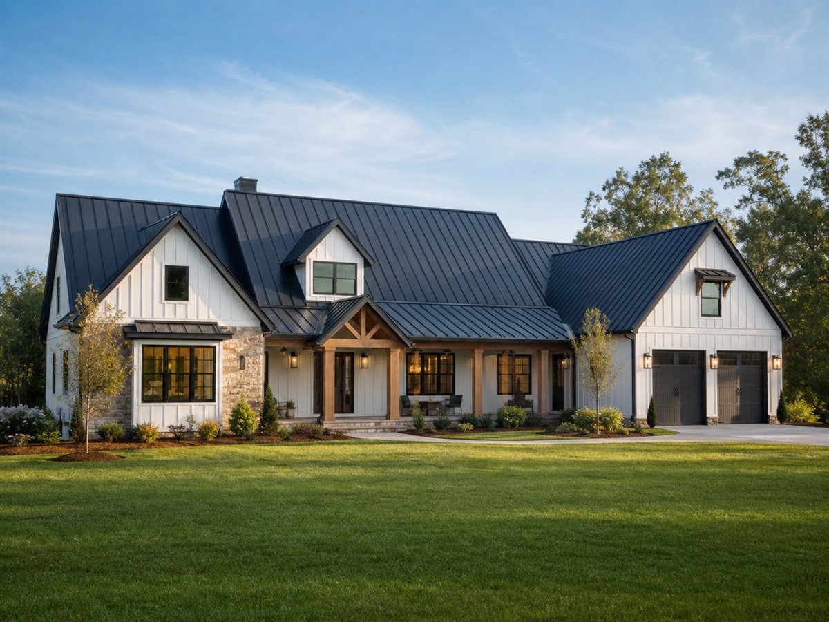 Stonefield Farmhouse 2551, a conceptual 2551-square-foot modern farmhouse estate with a $501,250 construction target