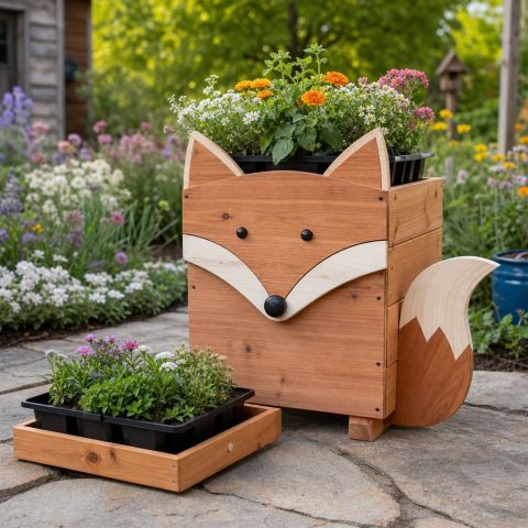 Fox-Shaped Cedar Planter With a Removable Flower Tray