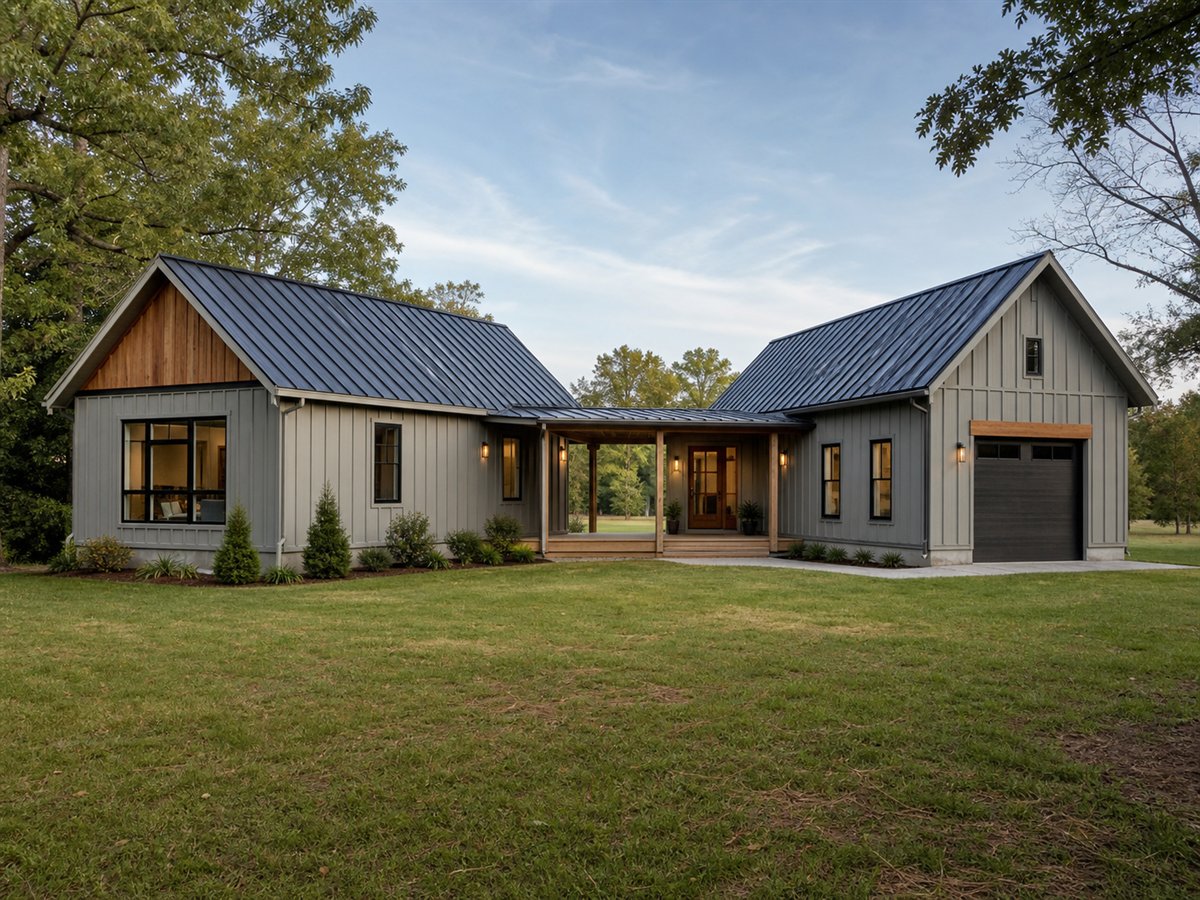 Breezeway House 1565, a conceptual 1565-square-foot modern dogtrot-inspired family home with a $253,750 construction target