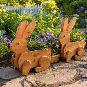 Rabbit-Shaped Wooden Planter Pair for a Cottage Border