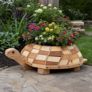 Turtle-Shaped Low Planter With a Mosaic Slat Shell