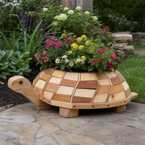 Turtle-Shaped Low Planter With a Mosaic Slat Shell