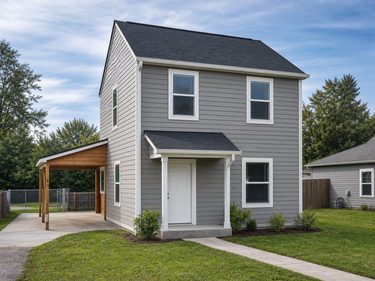 Square Start House 818, a conceptual 818-square-foot simple two-story starter home with a $128,625 construction target