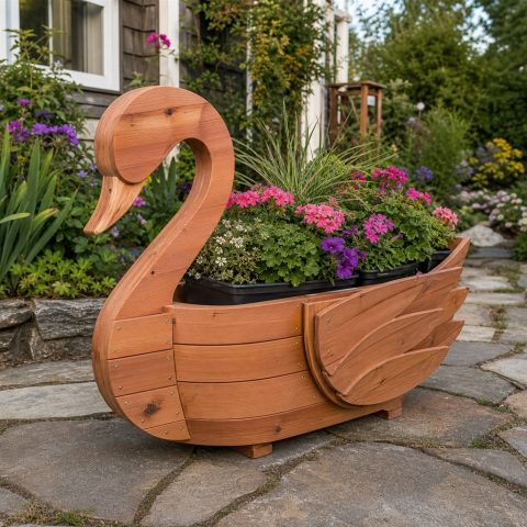 Swan-Shaped Cedar Planter With a Curved Neck Profile