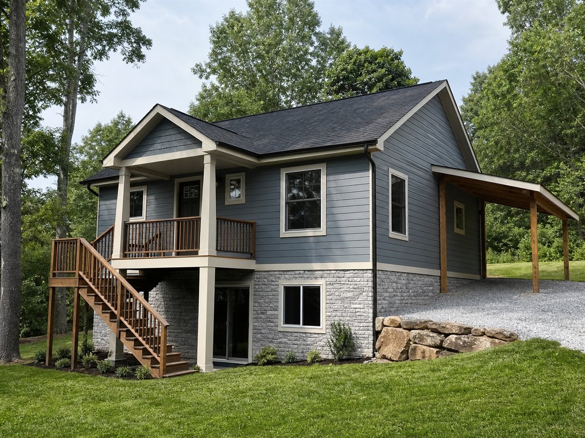 Daylight Nook 851, a conceptual 851-square-foot daylight-basement cottage with a $130,625 construction target