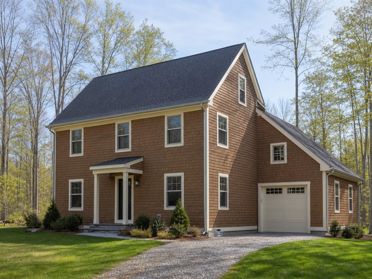 Cedar Saltbox 1605, a conceptual 1605-square-foot New England saltbox-inspired family home with a $263,750 construction target