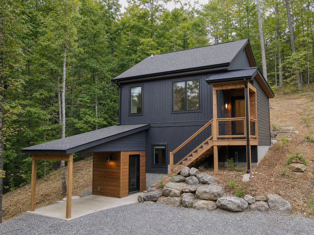 Terrace Cabin 852, a conceptual 852-square-foot small hillside cabin with a $131,625 construction target