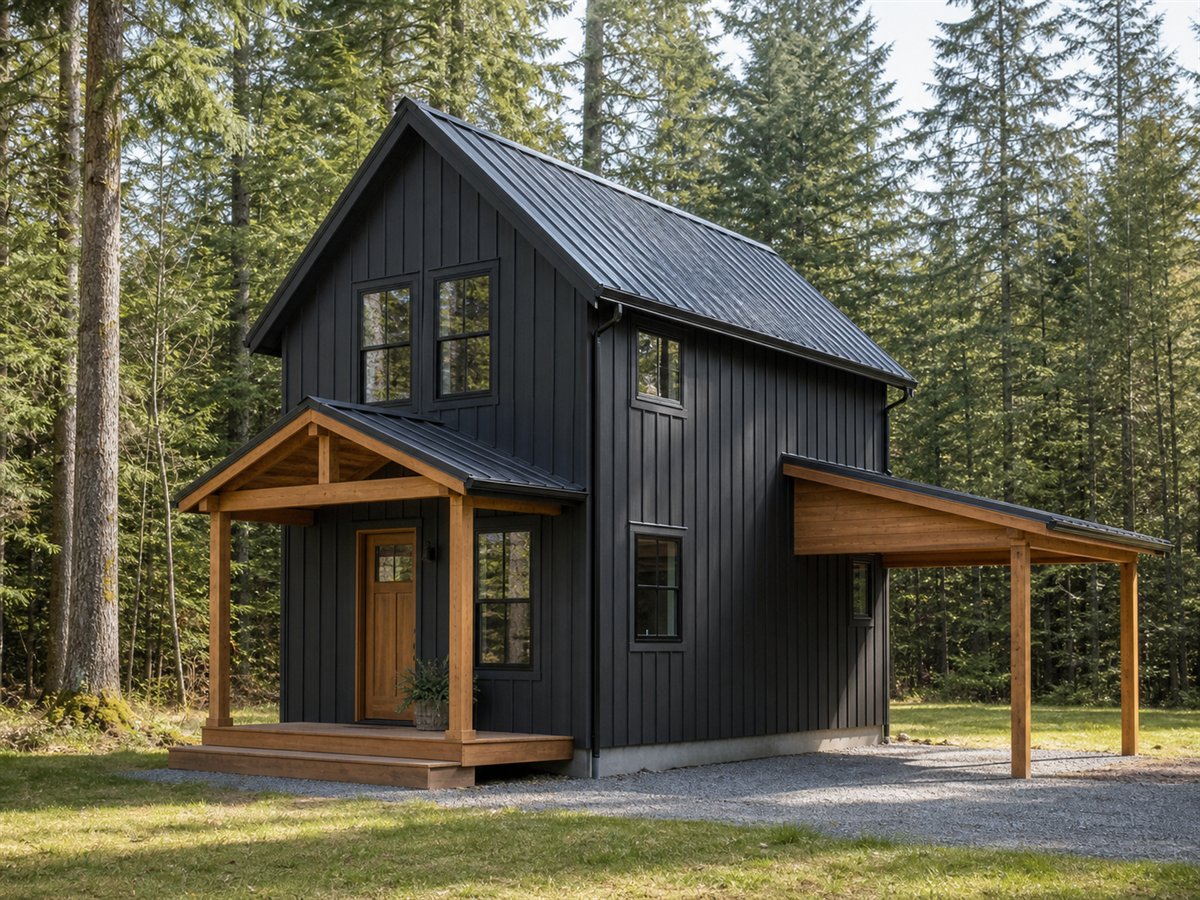 Hemlock Small House 856, a conceptual 856-square-foot modern woodland cabin with a $134,625 construction target