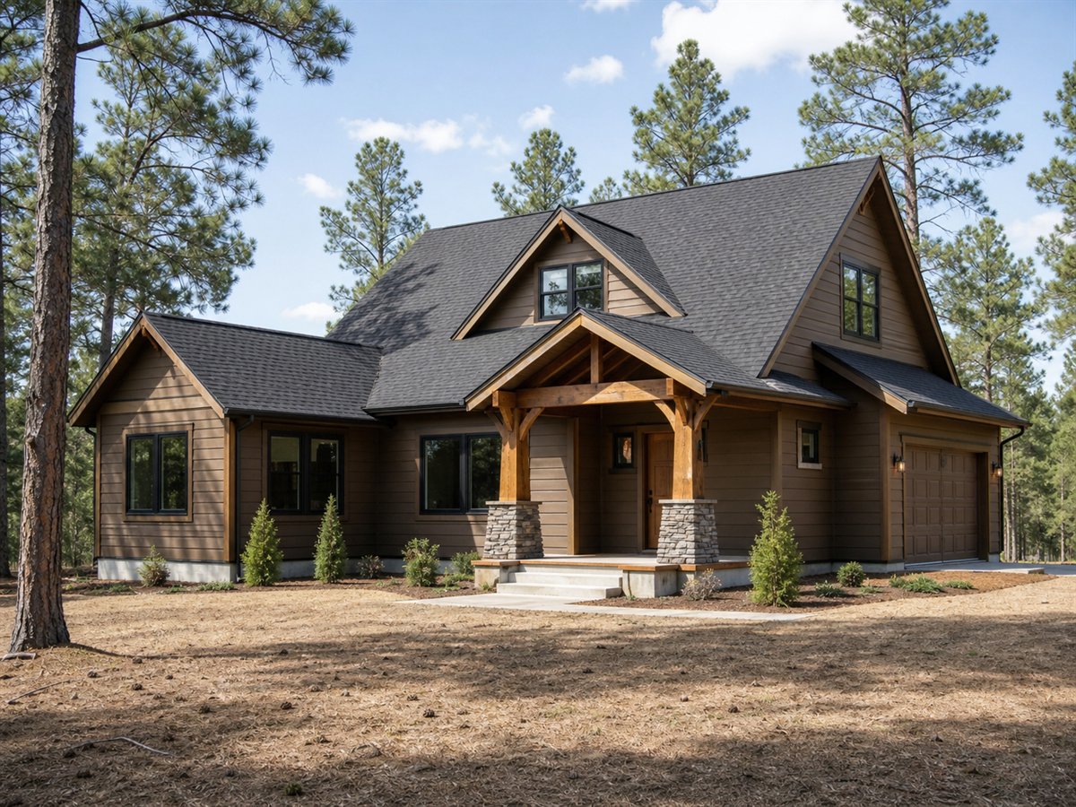 Pine Hollow Lodge 1645, a conceptual 1645-square-foot lodge-inspired Craftsman family home with a $273,750 construction target