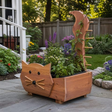 Cat-Shaped Porch Planter With a Tall Tail Trellis