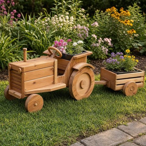 Wooden Tractor Planter With a Detachable Flower Trailer