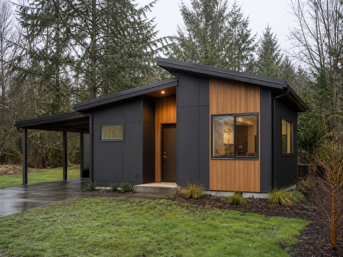 Rainwood Cottage 858, a conceptual 858-square-foot Pacific Northwest contemporary cottage with a $136,625 construction target