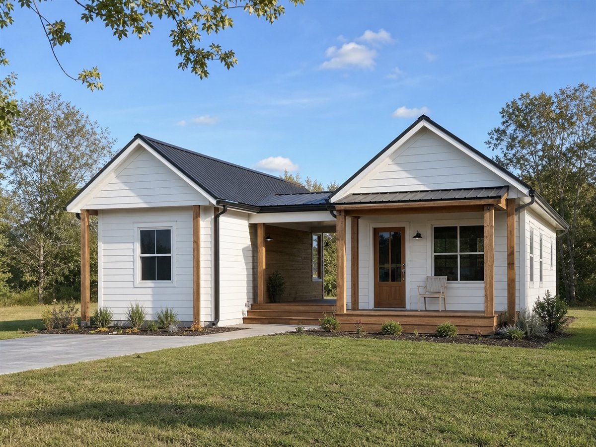 Breezeway Cottage 892, a conceptual 892-square-foot dogtrot-inspired small cottage with a $139,625 construction target