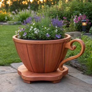Wooden Teacup Planter With a Curved Decorative Handle