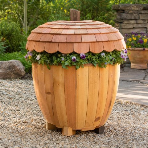 Acorn-Shaped Planter With an Overlapping Cedar Cap