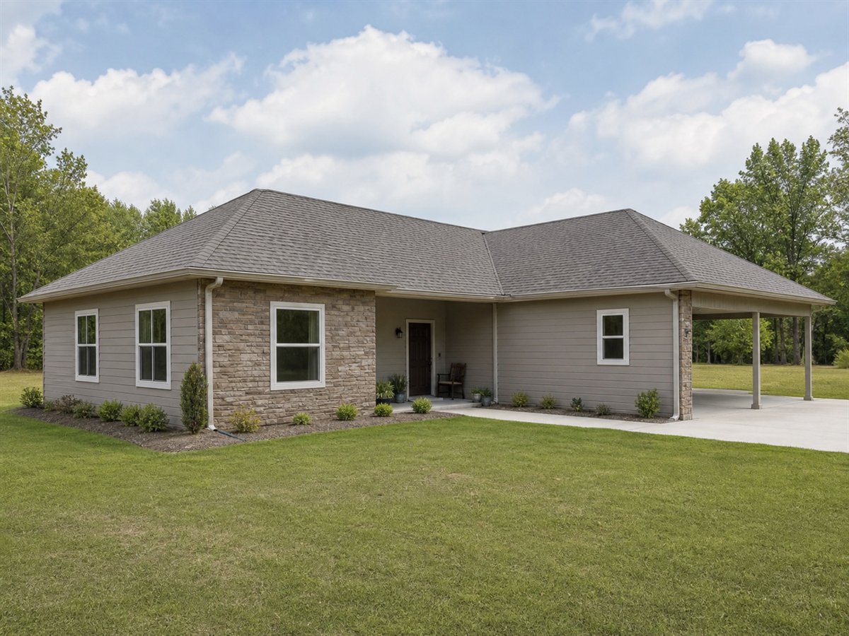 Maple Court Small Ranch 894, a conceptual 894-square-foot courtyard-entry small ranch with a $141,625 construction target