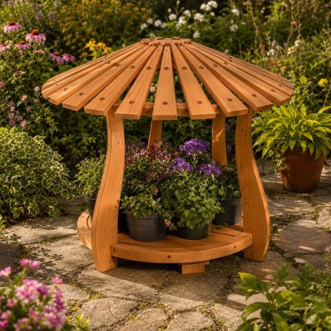 Mushroom-Shaped Pot Stand With a Slatted Canopy