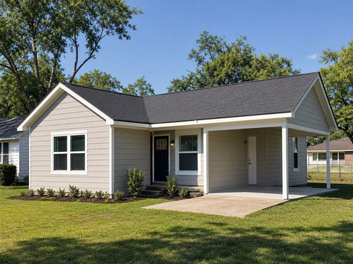 Corner Meadow Ranch 896, a conceptual 896-square-foot L-shaped small ranch with a $142,625 construction target