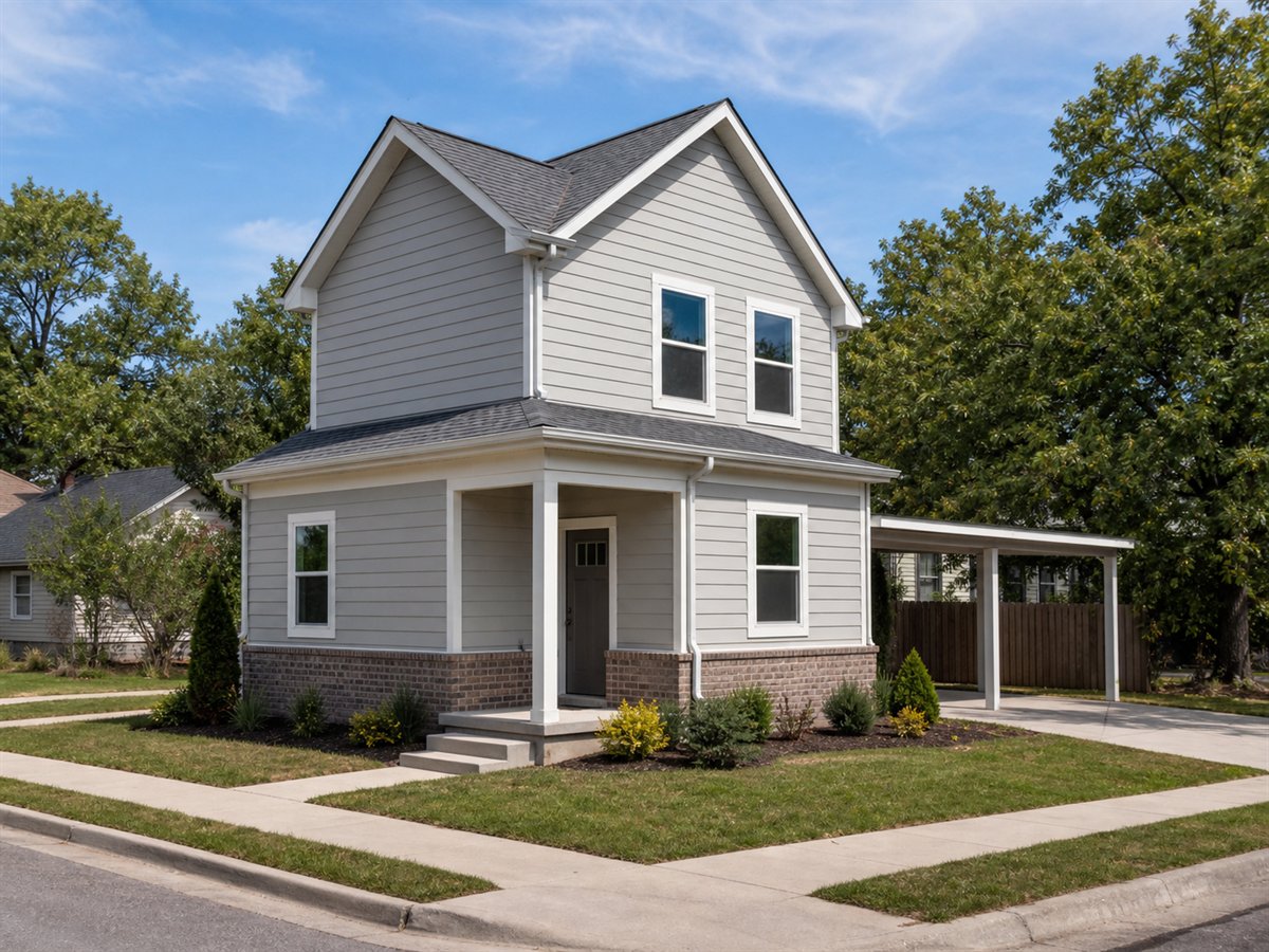 Cornerstone Cottage 897, a conceptual 897-square-foot side-entry small cottage with a $143,625 construction target