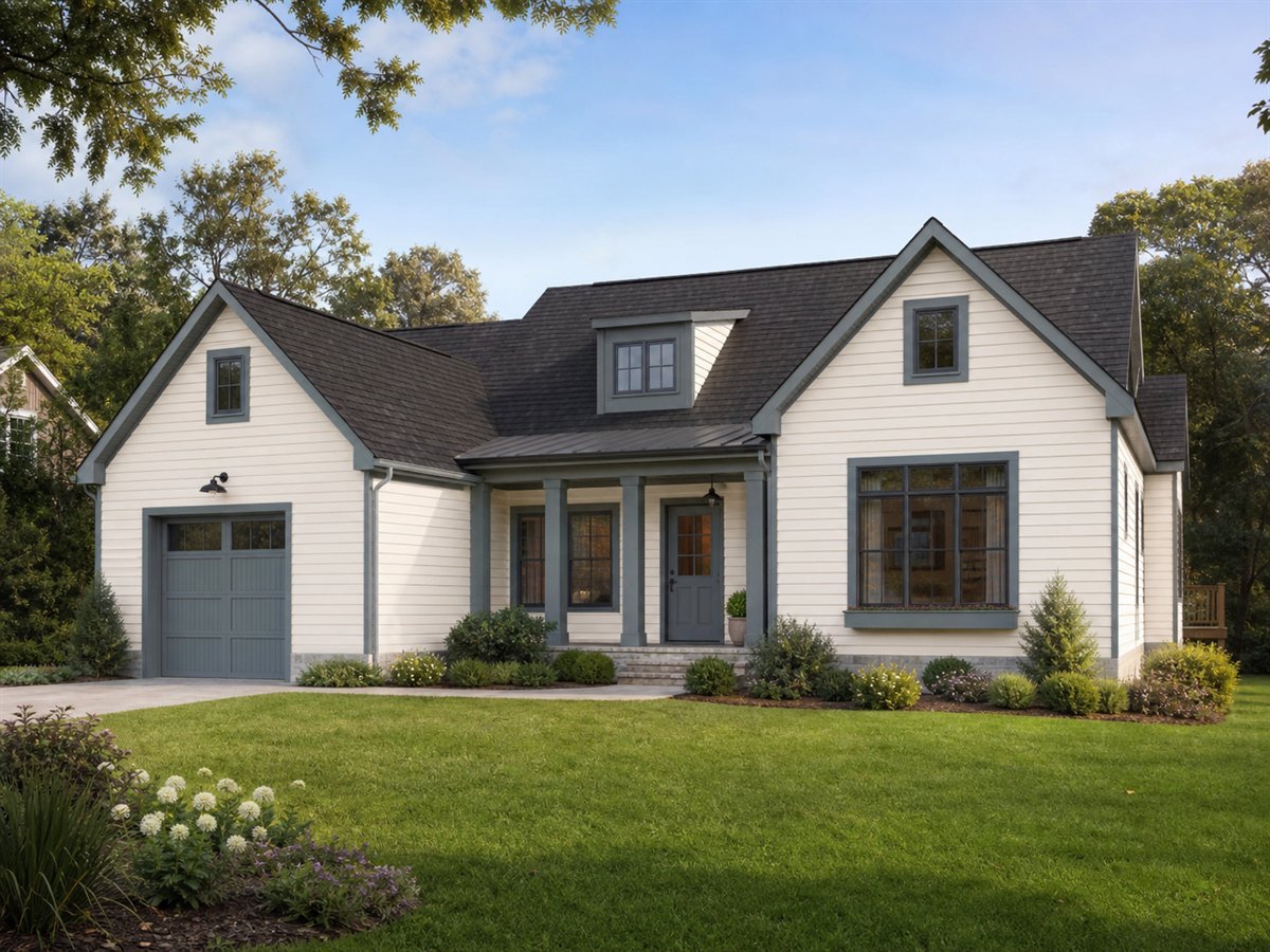 Gable Cluster Cottage 1735, a conceptual 1735-square-foot clustered-gable family cottage with a $296,250 construction target