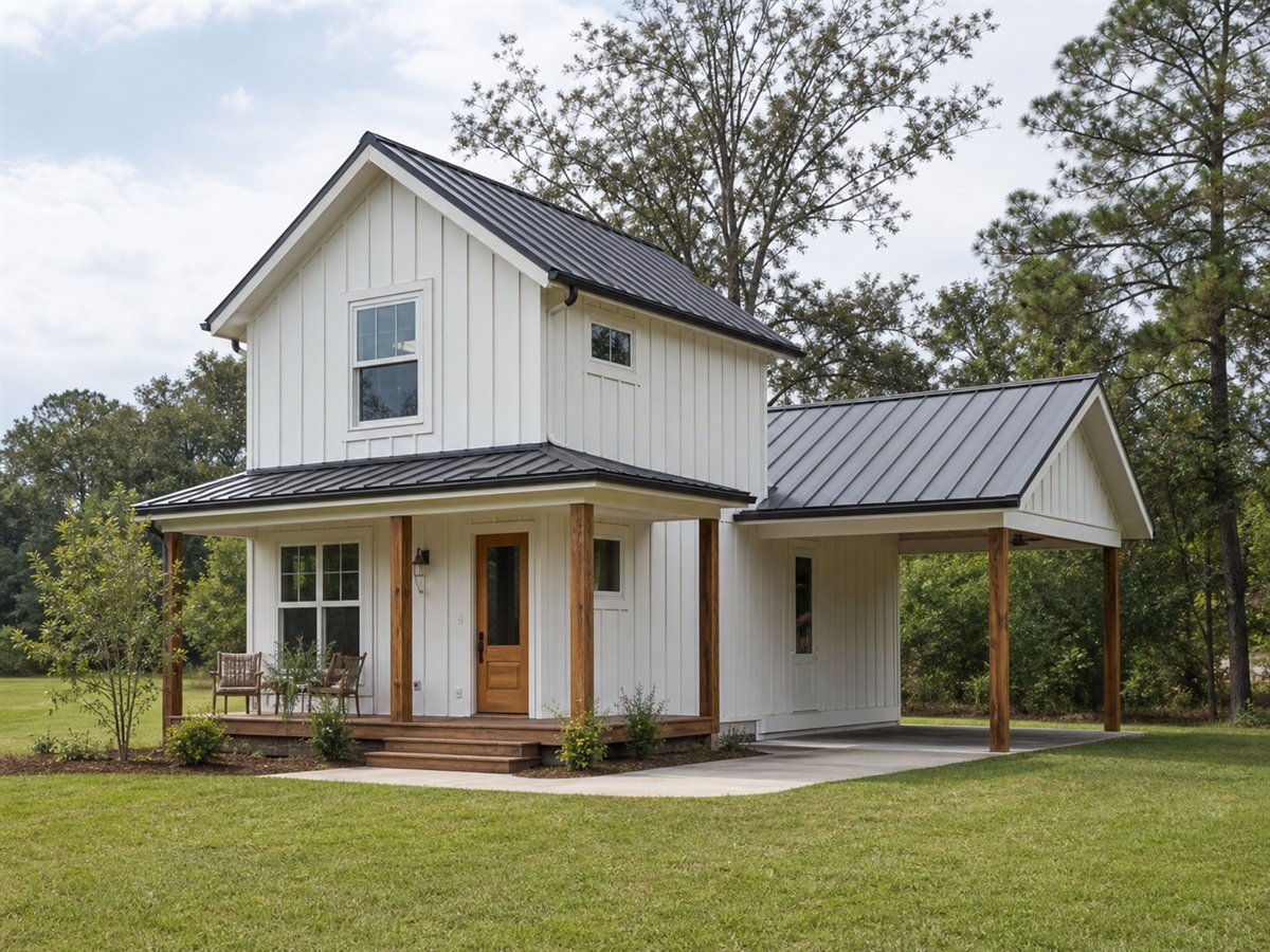 Backlane Small House 898, a conceptual 898-square-foot rear-garage small home with a $144,625 construction target