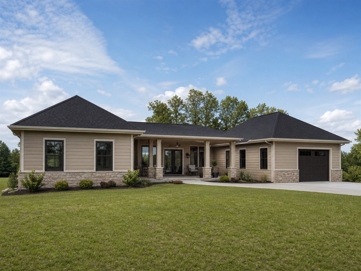 Two Oaks Family House 1745, a conceptual 1745-square-foot dual-wing multigenerational family home with a $298,750 construction target