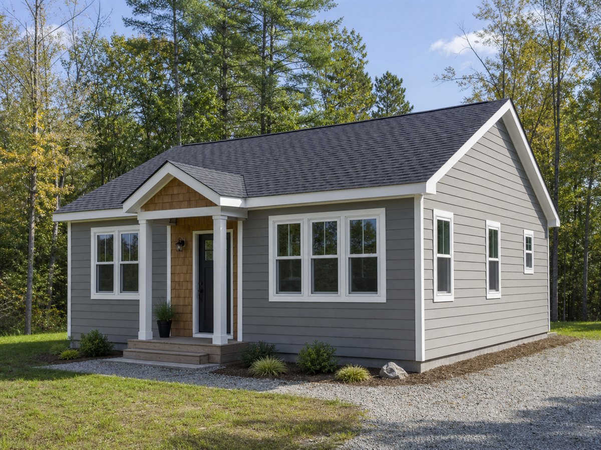 Pine Nook 936, a conceptual 936-square-foot tiny gable-roof cottage with a $150,625 construction target