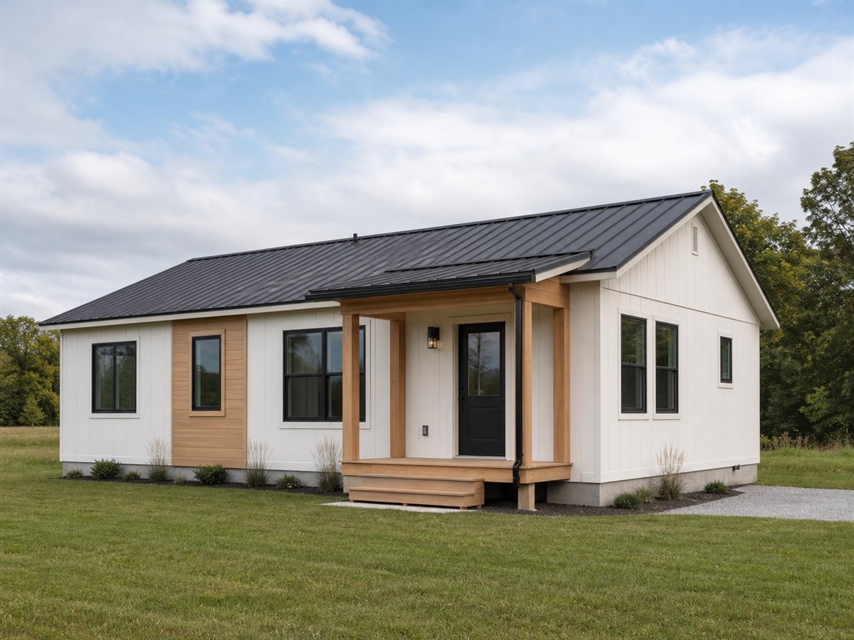 Studio Field 938, a conceptual 938-square-foot prefabricated studio cottage with a $152,625 construction target