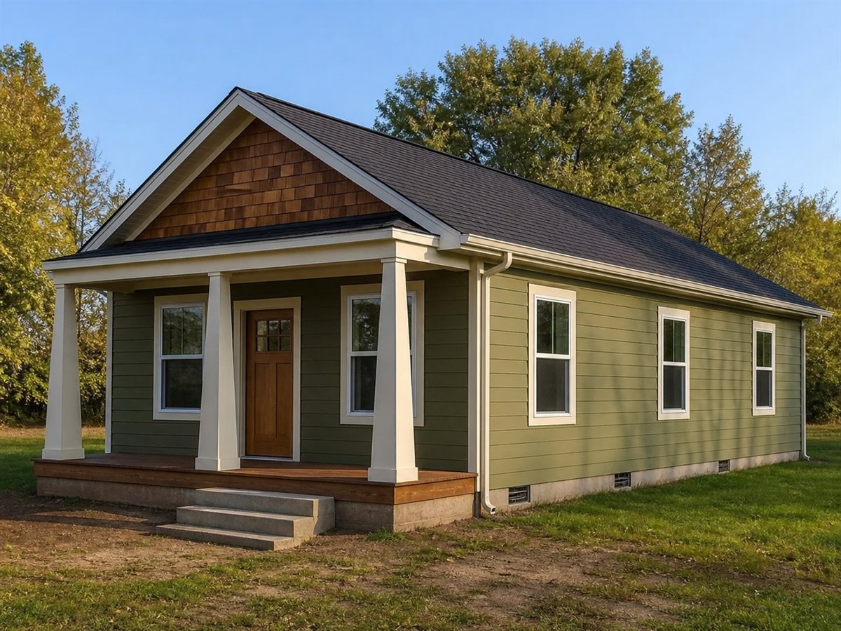 Juniper Craftsman 1000, a conceptual 1000-square-foot economical Craftsman cottage with a $159,000 construction target