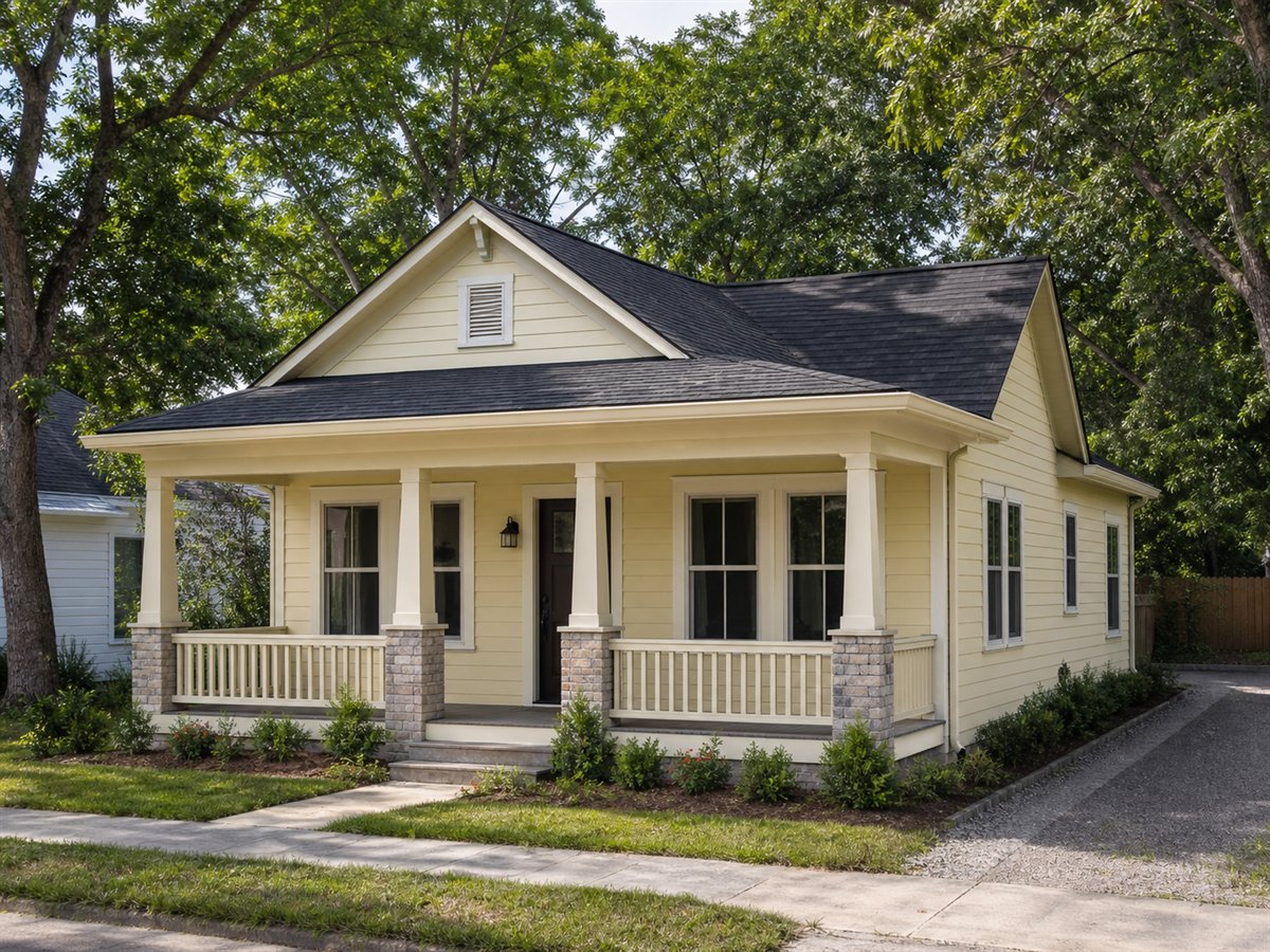 Porchlight Cottage 972, a conceptual 972-square-foot front-porch starter cottage with a $155,625 construction target