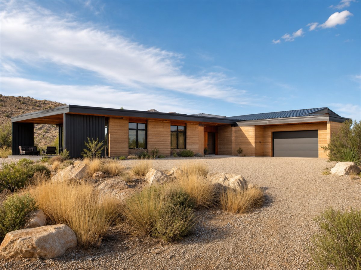 Mesa Earth House 2807, a conceptual 2807-square-foot rammed-earth contemporary custom home with a $581,250 construction target