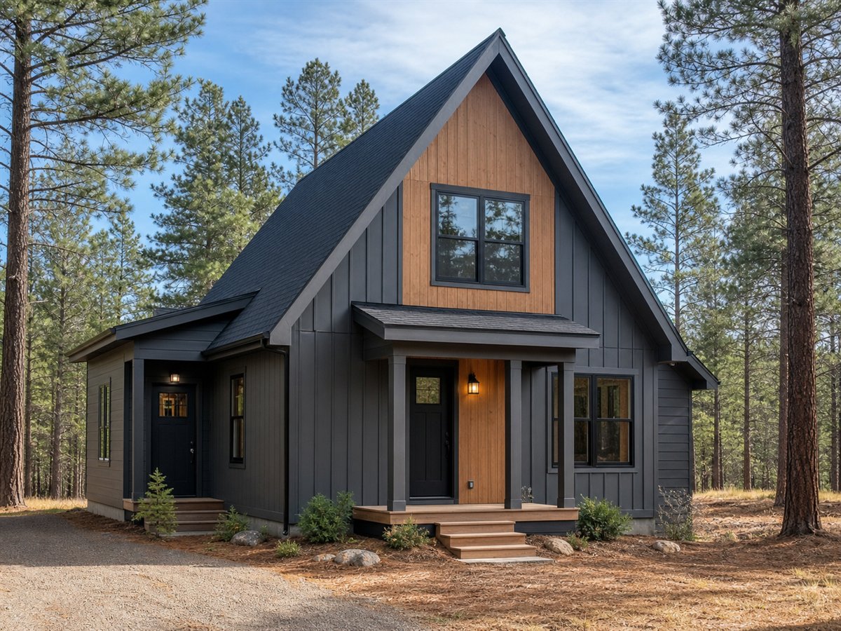 Aspen A-Cottage 976, a conceptual 976-square-foot restrained A-frame cottage with a $158,625 construction target